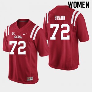 Women's Ole Miss #72 Tobias Braun Red Embroidery Jersey 585728-414